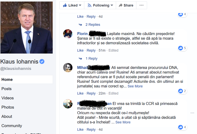 Captură comentarii facebook critici Klaus Iohannis