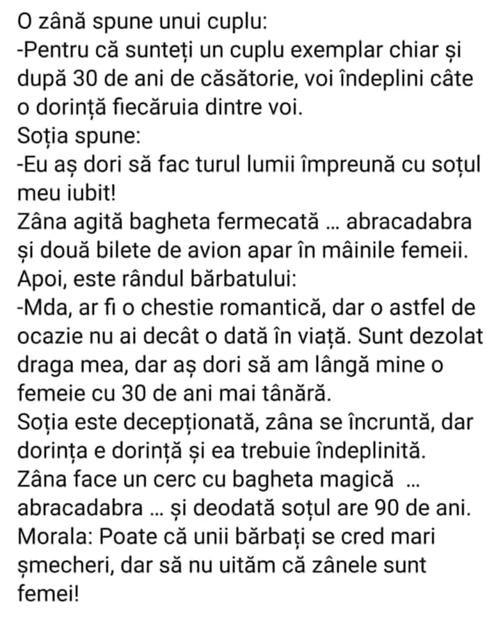 Bancul de sâmbătă | O zână spune unui cuplu: „Vă voi îndeplini câte o dorință fiecăruia”