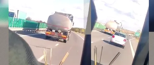 Imagini video INCREDIBILE surprinse pe A2: Un șofer ucrainean de TIR beat face slalom printre mașini / Camionul, destinat transportului de motorină
