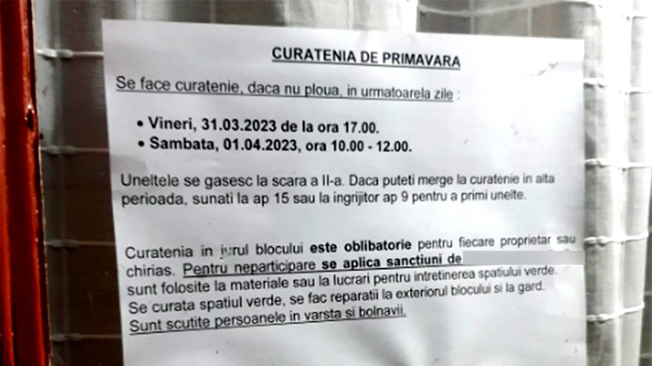 Anunțul ireal lipit de administratorul unui bloc din CLUJ: „Curățenia în jurul blocului e obligatorie. Pentru neparticipare, se aplică sancțiuni...”