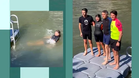 Primarul din PARIS a înotat alături de prefect și de președintele J.O/ Anne Hidalgo s-a aruncat în SENA ca să arate că apa nu mai e poluată/