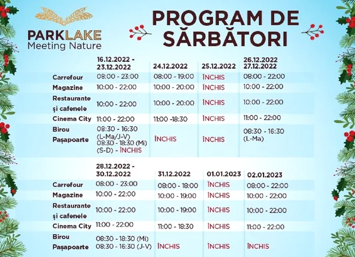 Program ParkLake Crăciun 2022 și Revelion 2023