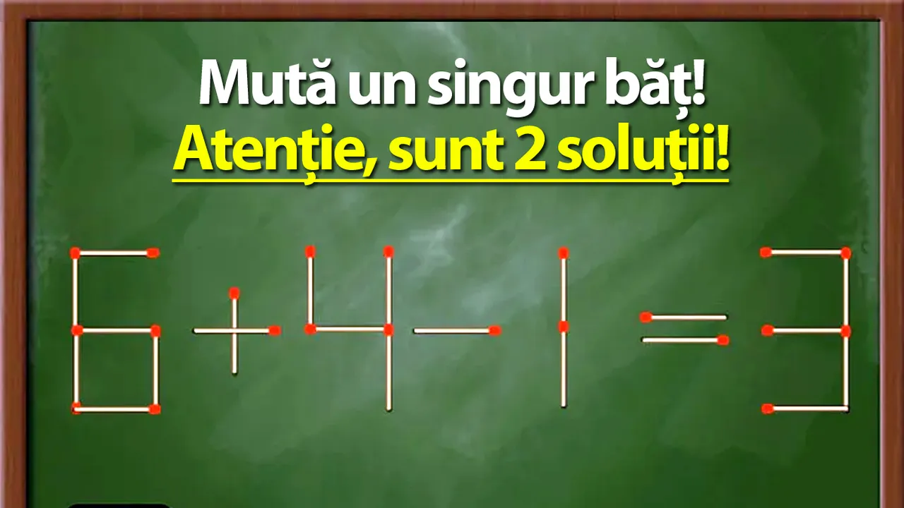 Test de inteligență cu 2 soluții | Mutați un chibrit pentru a corecta egalitatea: 6+4-1=3