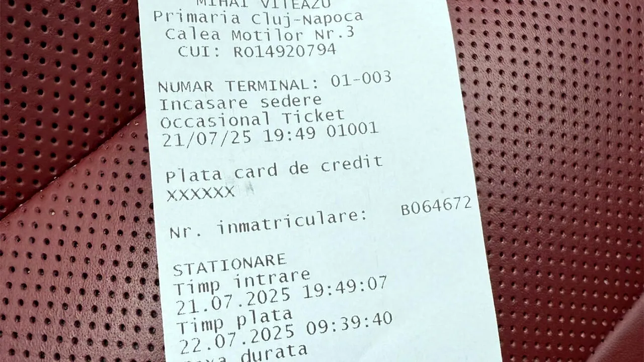 Taxă uriașă de parcare, plătită de un turist care și-a lăsat mașina 13 ore în Cluj-Napoca: 