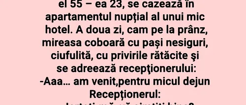 Bancul de duminică | Un cuplu de proaspăt căsătoriți - el 55, ea 23 de ani - se cazează în hotel