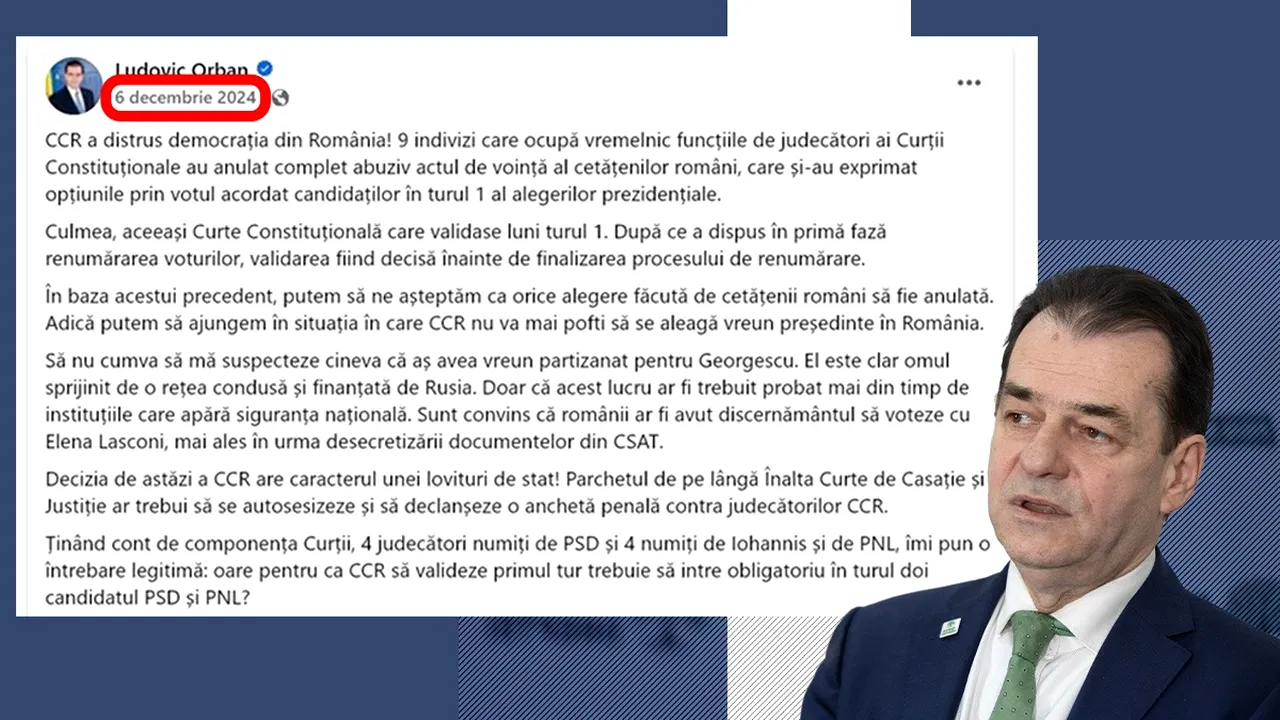“Decizia CCR are caracterul unei LOVITURI DE STAT/ CCR a distrus democrația”, asta scria Ludovic Orban, proaspăt numit consilier prezidențial, în ziua în care CCR decidea ANULAREA alegerilor. Cerea chiar anchetarea judecătorilor