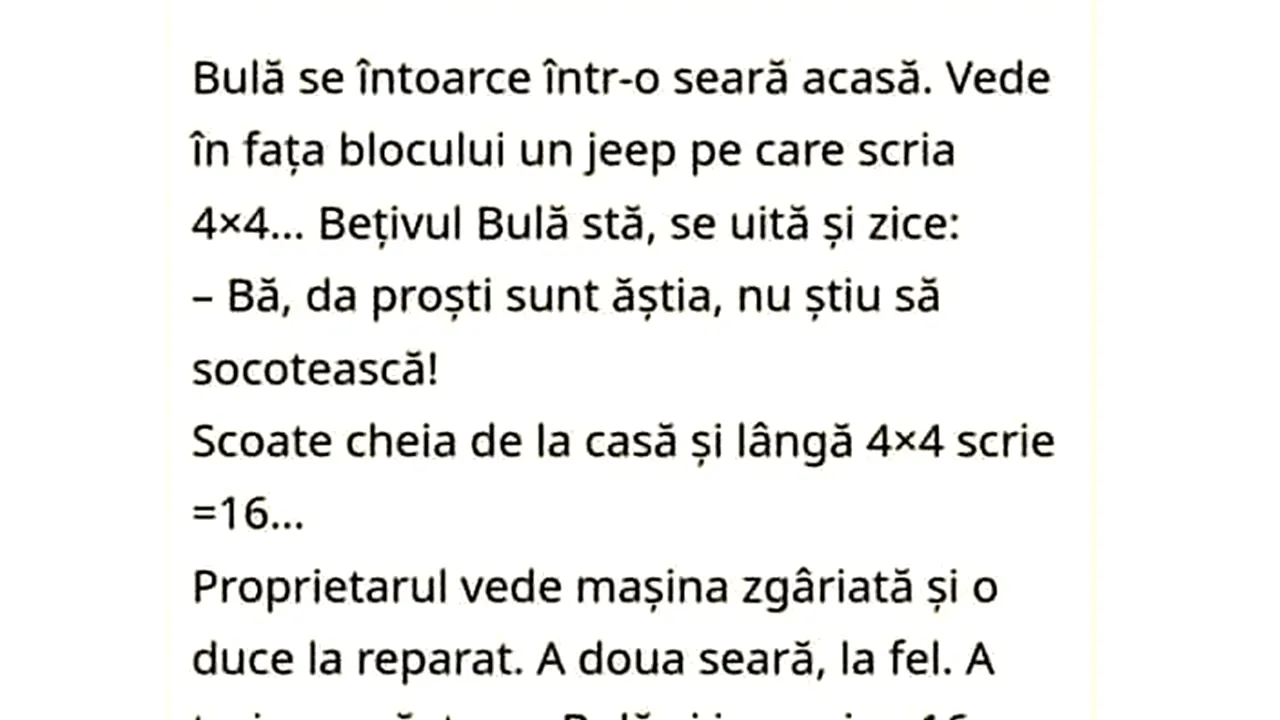 BANCUL ZILEI | Bulă se întoarce acasă și vede un Jeep în fața blocului