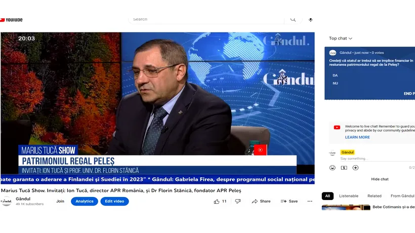Poll Marius Tucă Show: ”Credeți că statul ar trebui să se implice financiar în patrimoniul regal de la Peleș?”