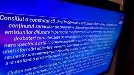 Cum a arătat textul sancţiunii de pe Realitatea Plus, citit în buclă timp de trei ore, cât a durat suspendarea emisiei. Putea fi citit în 20 de minute
