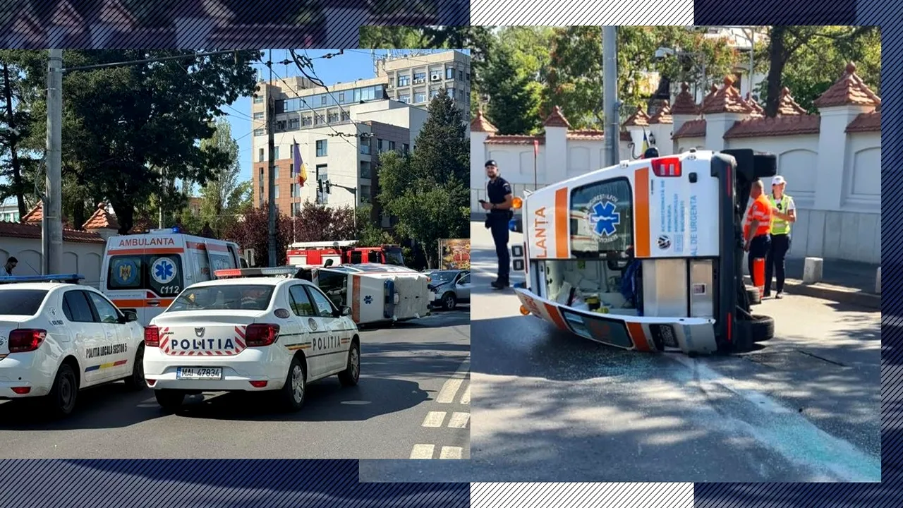 Accident lângă Cotroceni: O ambulanță aflată în MISIUNE s-a răsturnat. Două persoane au fost rănite