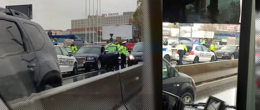 FOTO-VIDEO | Un nou „bombardier” pe străzile din București. Șoferul beat și fără permis al unui Chrysler nu a oprit la semnalul Poliției și apoi s-a baricadat în mașină. Imagini din timpul intervenției
