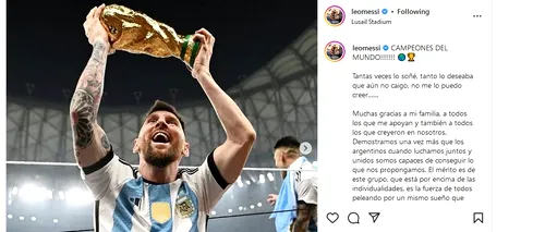 Postarea lui Lionel Messi, după ce a câștigat CM 2022, a depășit-o pe cea cu celebrul ou! Argentinianul are cea mai apreciată fotografie din istoria Instagram