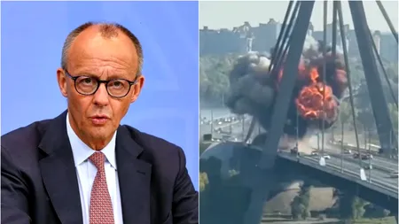 Momentul în care o dronă rusească lovește Podul de Nord din Kiev, chiar în timpul vizitei cancelarului german Friedrich Merz