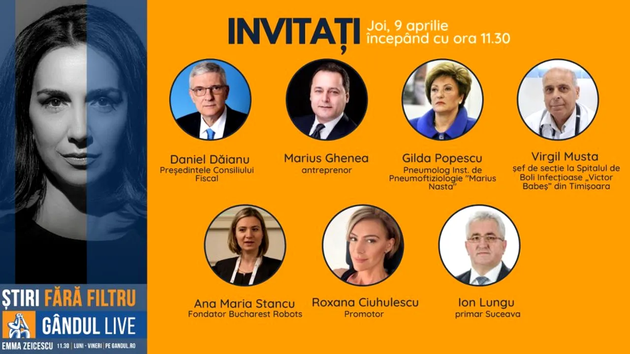 GÂNDUL LIVE | Medicul Virgil Musta și primarul din Suceava, Ion Lungu, printre invitații Emmei Zeicescu, pe 9 aprilie, de la ora 11.30