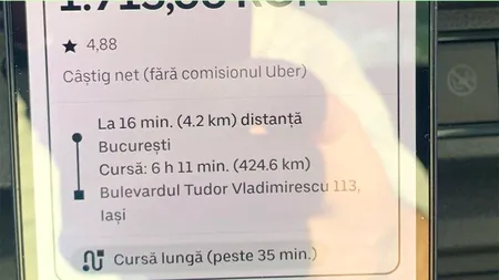 Un client a comandat o mașină Uber din București până în Iași. Cât a plătit pentru cursa de 424 km (6 ore)