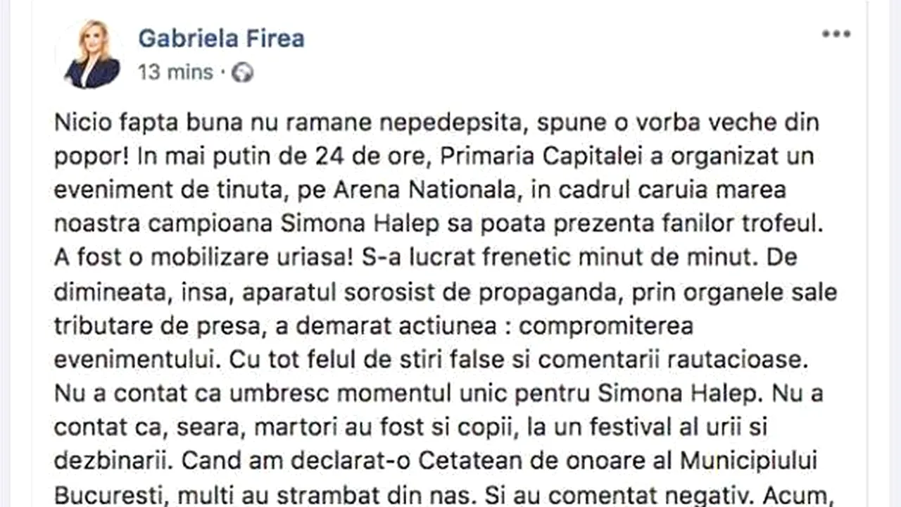Pagina de Facebook a Gabrielei Firea a fost redeschisă