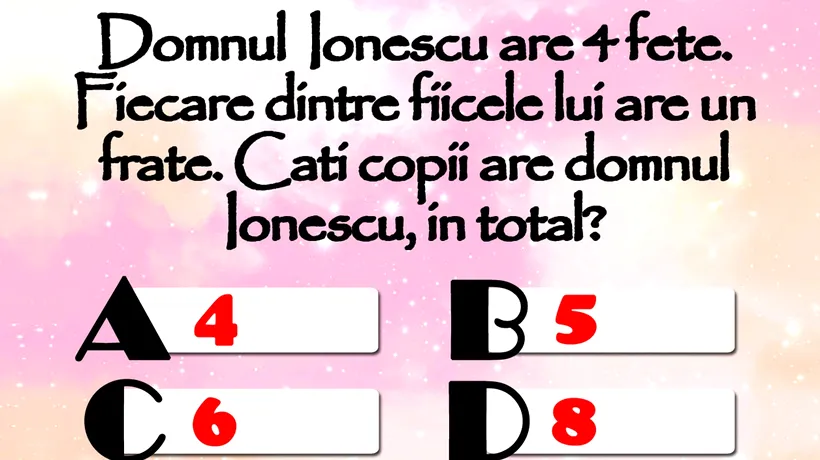 TEST IQ | Domnul Ionescu are 4 fete. Fiecare fiică are un frate. Câți copii are domnul Ionescu, în total?
