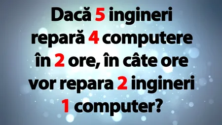 TEST IQ | Dacă 5 ingineri repară în 2 ore 4 computere, în câte ore vor repara 2 ingineri 1 computer?