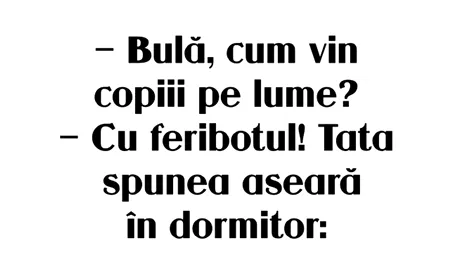 BANC | „Bulă, cum vin copiii pe lume?”... „Cu feribotul”