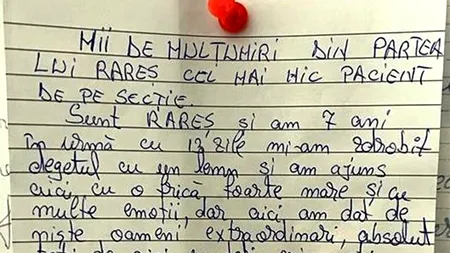 Scrisoarea emoționantă a unui băiețel din Cluj, adresată medicilor de la Urgențe: „Sunt Rareș și am 7 ani. În urmă cu 13 zile...