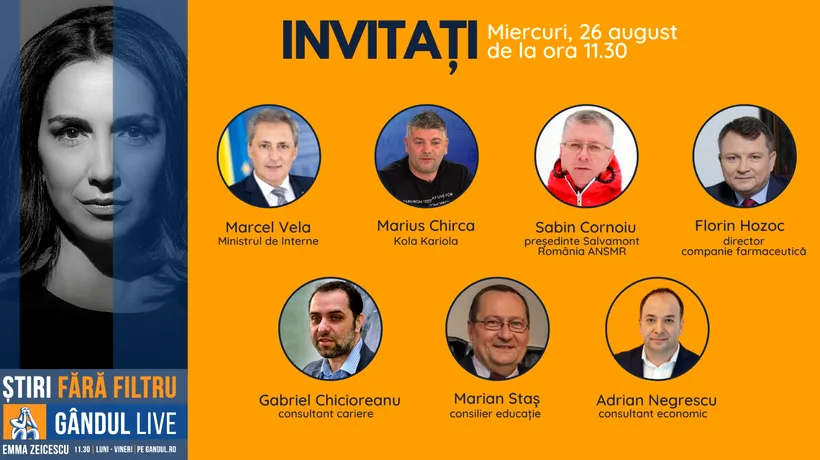 Ministrul Afacerilor Interne, Marcel Vela, se află printre invitații Emmei Zeicescu la ediția Gândul LIVE de miercuri, 26 august, de la ora 11.30