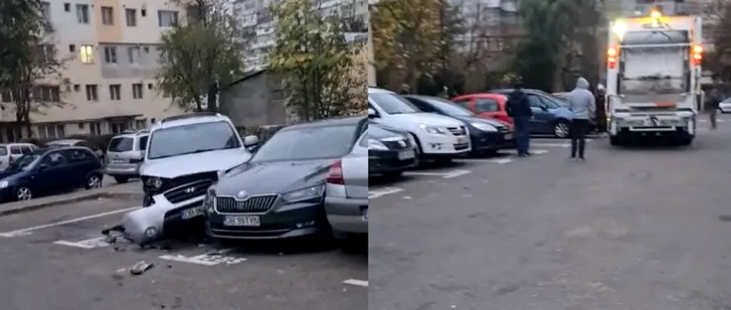 FOTO-VIDEO. O mașină de gunoi a făcut ravagii într-o parcare din Dâmbovița. Șoferița a transformat autoturismele parcate în popice. A lovit șapte mașini