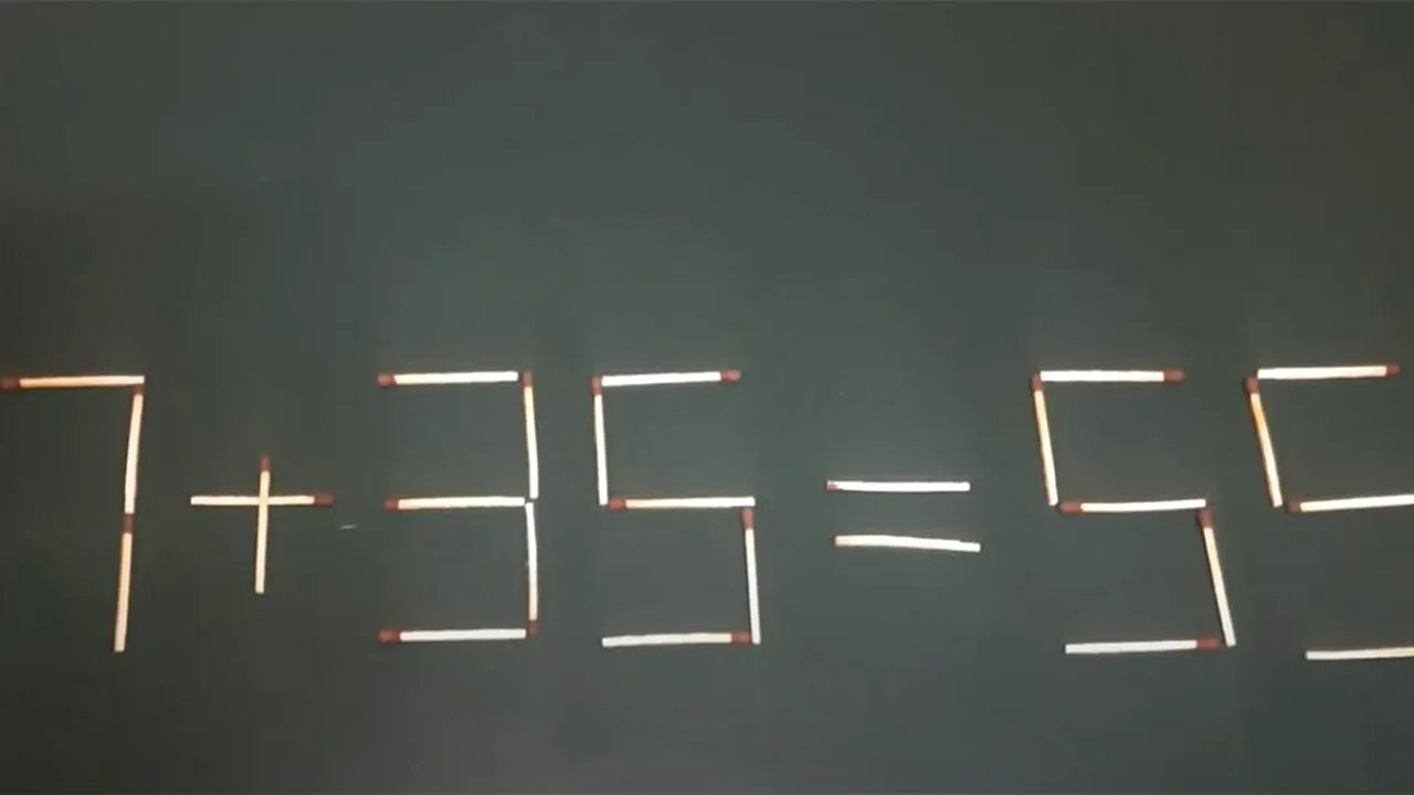 TEST IQ cu chibrituri | Mutați un singur băț pentru a corecta egalitatea 27 + 35 = 55