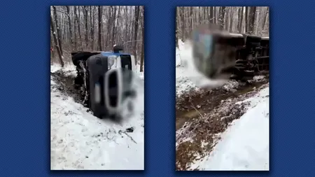 Un microbuz cu pasageri s-a răsturnat în Dâmbovița. Șoferul a fost amendat pentru starea anvelopelor