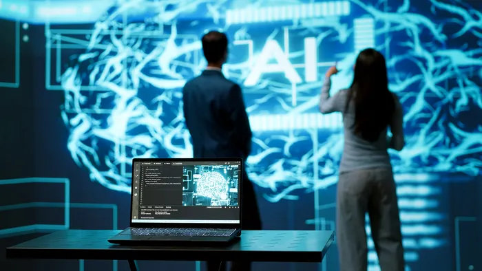 Engineers use AR tech to visualize AI neural networks brain, solving company problems. IT professionals using artificial intelligence augmented reality hologram, camera A