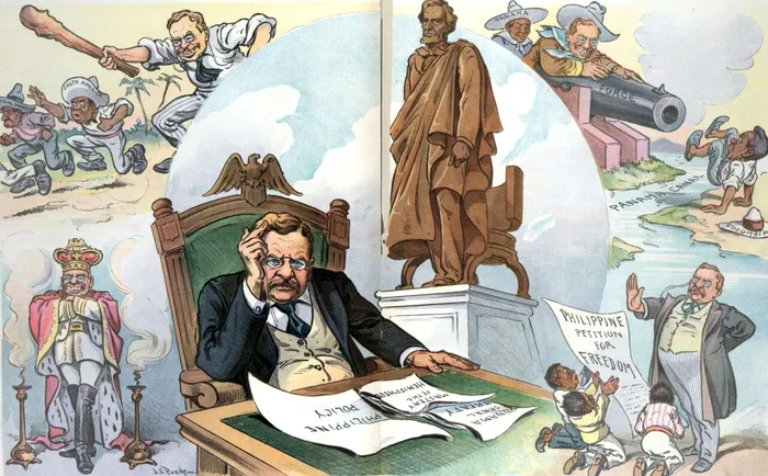„Ce ar face Lincoln?” Președintele Theodore Roosevelt stă la un birou, meditând asupra problemelor din Filipine și America Centrală. Pe birou sunt documente intitulate: „Politica pentru Filipine”, „Tratatul Canalului Panama” și „Stăpânirea emisferei”. El își imaginează o statuie a lui Abraham Lincoln, în jurul căreia apar gânduri ce îl înfățișează pe Roosevelt respingând „Petitia pentru libertatea insulelor Filipine”, folosind forța împotriva Columbiei în zona Canalului Panama, amenințând „America de Sud” și „America Centrală” cu o bâtă (referire la declarația sa „Vorbește încet și poartă un băț mare; vei ajunge departe” și stând cu brațele încrucișate, purtând haine imperiale și o coroană. Sursa Foto: Profimedia 