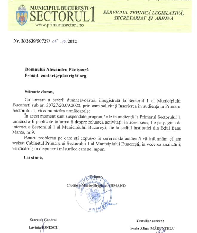 Răspunsul Primăriei Sectorului 1 la solicitarea lui Alexandru Pânișoară de a se înscrie în audiență la primarul Sectorului 1