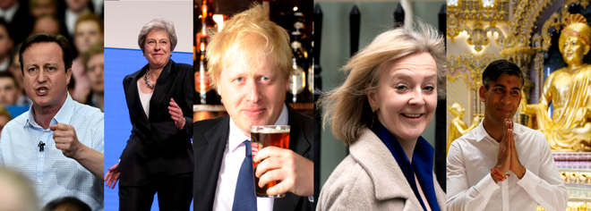 Cei cinci premieri conservatori care au guvernat în mod succesiv, între anii 2010 și 2024: David Cameron, Theresa May, Boris Johnson, Lizz Truss și Rishi Sunak. Sursa Foto: Profimedia 