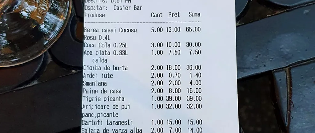 Notă astronomică! Câți lei a plătit un bucureștean pentru 7 feluri de mâncare, 5 beri și desert, într-un restaurant din Capitală