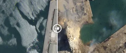 Imagini din satelit: Portul orașului Beirut s-a transformat într-un crater imens după explozia de marți