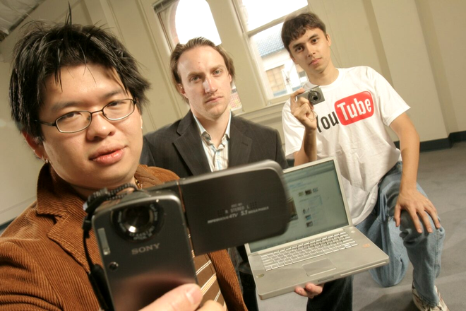 Oct 29, 2008 - San Mateo, California, USA - You Tube partners (L-R) CTO STEVE CHEN, CEO CHAD HURLEY and co-founder JAWED KARIM pose for photos November 2, 2005 in their new office space in San Mateo in California's famed Silicon Valley.,Image: 27870029, License: Rights-managed, Restrictions: Shot for for USA Today, Model Release: no