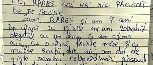 Scrisoarea emoționantă a unui băiețel din Cluj, adresată medicilor de la Urgențe: „Sunt Rareș și am 7 ani. În urmă cu 13 zile...