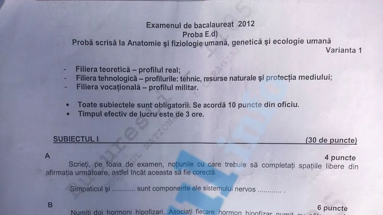 BAC 2012 SESIUNEA TOAMNĂ. SUBIECTE BIOLOGIE, sesiunea iunie-iulie 2012