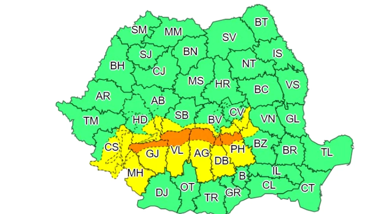 Cod portocaliu de ninsori abundente și viscol la munte. Mai multe județe sub cod galben de ploi și vânt