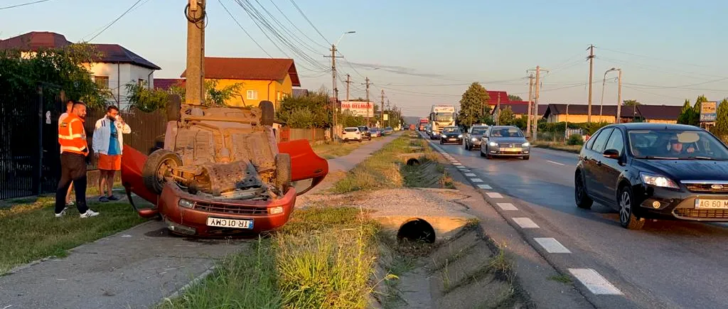 FOTO | Mașină răsturnată, impact frontal evitat în ultima clipă, la Bascov